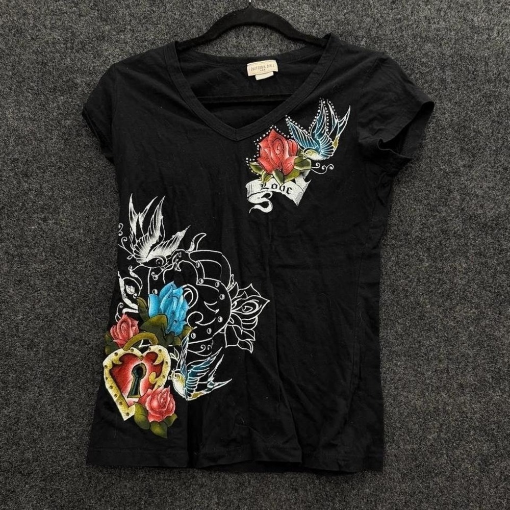 California Girlz Black Tattoo Rose Swallow Graphic Tee Y2K Womens Medium